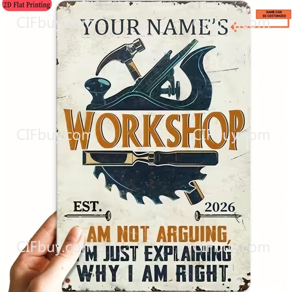 Workshop Tools Name - 2Dフラットカスタムネームワークショップ大工道具ヴィンテージメタルサインホームガレージ壁掛け装飾1個