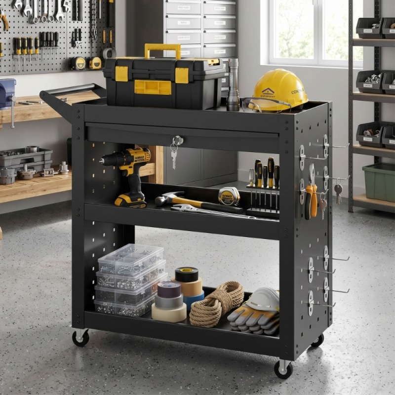 ロック可能な車輪付きツールカート、3段トレイ付きローリングワ - Tools List For Workshop のレビューと価格