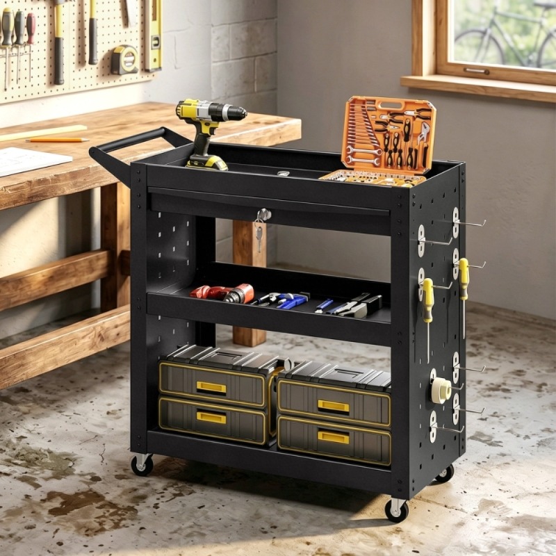 ロック可能な車輪付きツールカート、3段トレイ付きローリングワ - Tools List For Workshop のレビューと価格